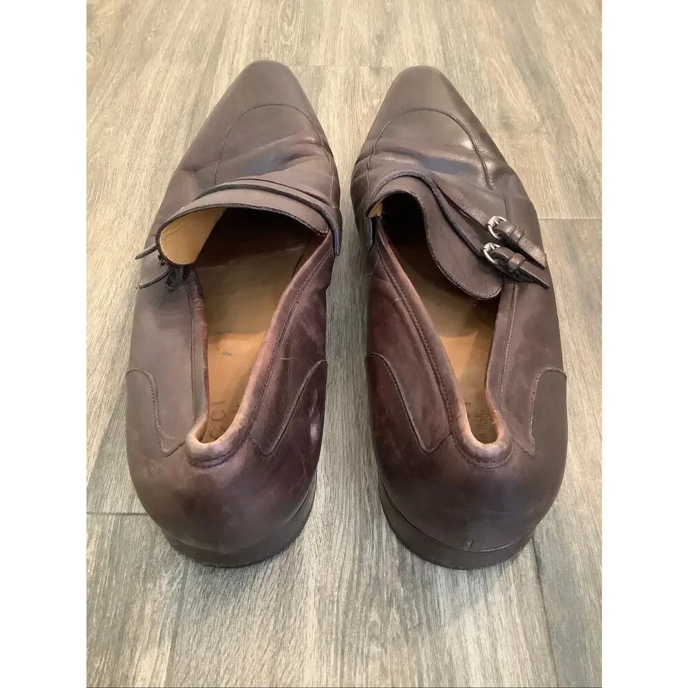 GUCCI Men's 12D Brown Leather Double Strap Slip On Loafers Shoes Italian V5-15